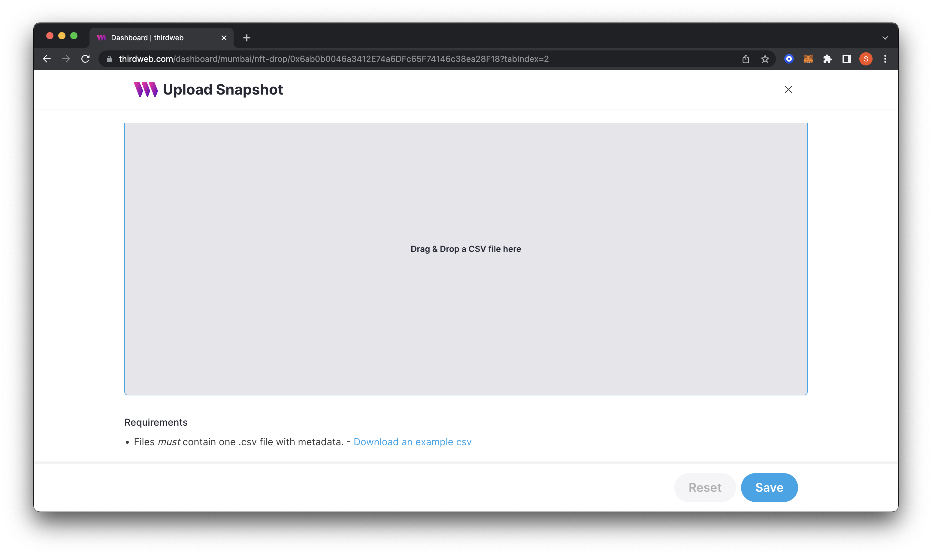 Upload Snapshot Drag &amp; Drop screen