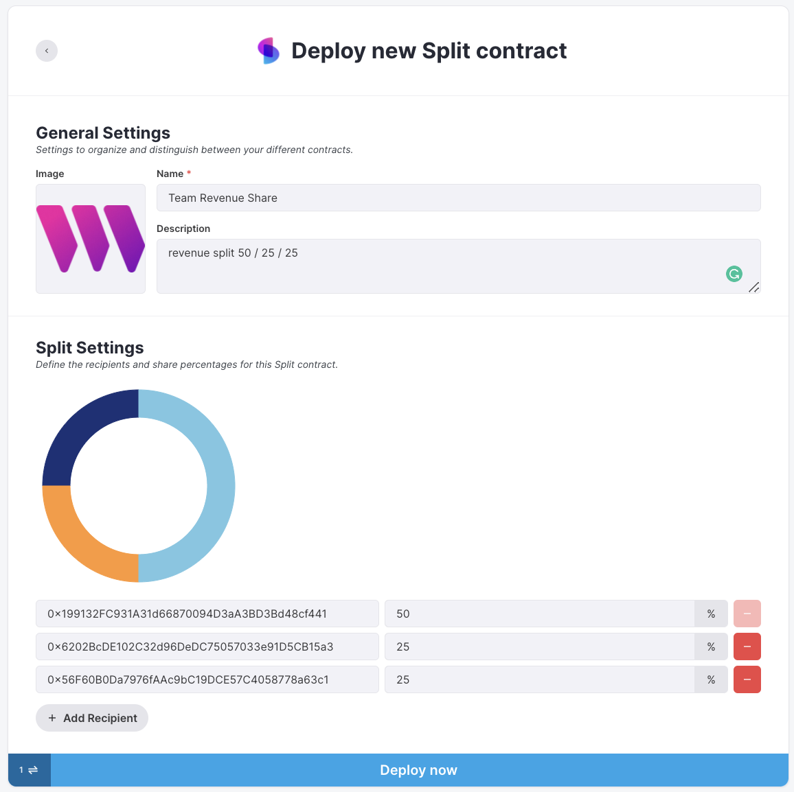 Input your Split contract information