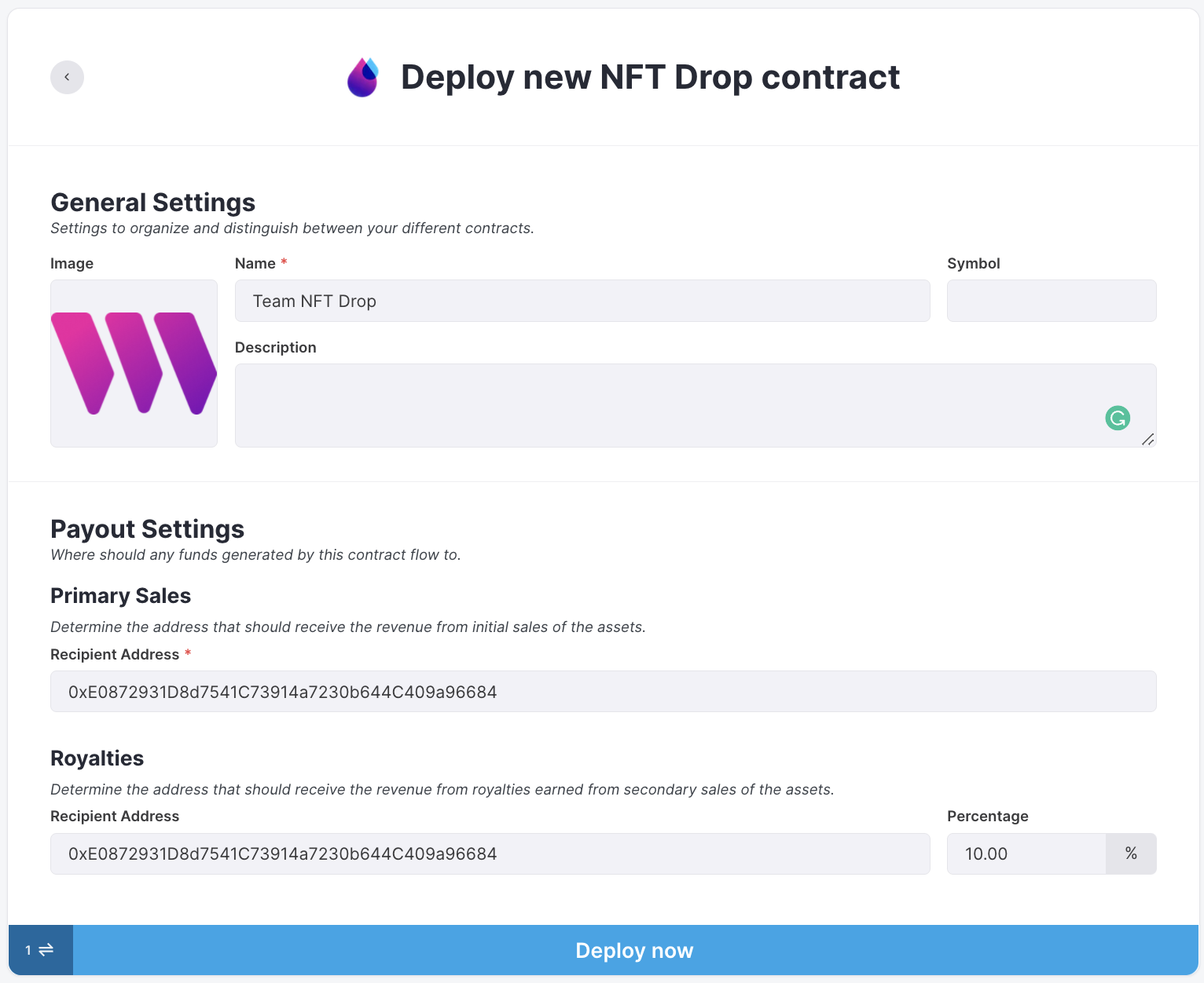 NFT drop with Split contract address as sales recipient