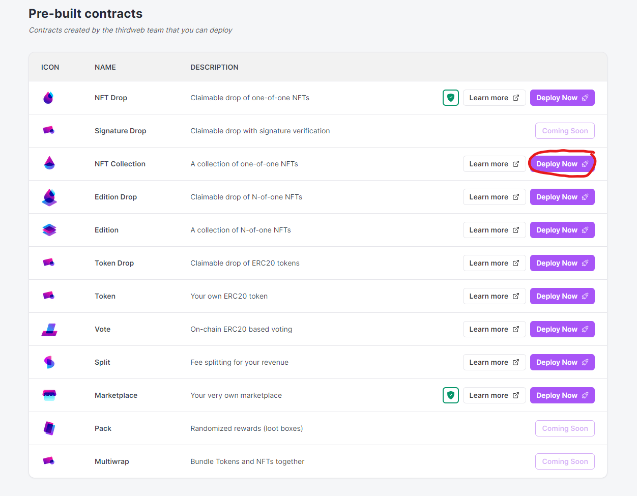 Choose the NFT Collection contract