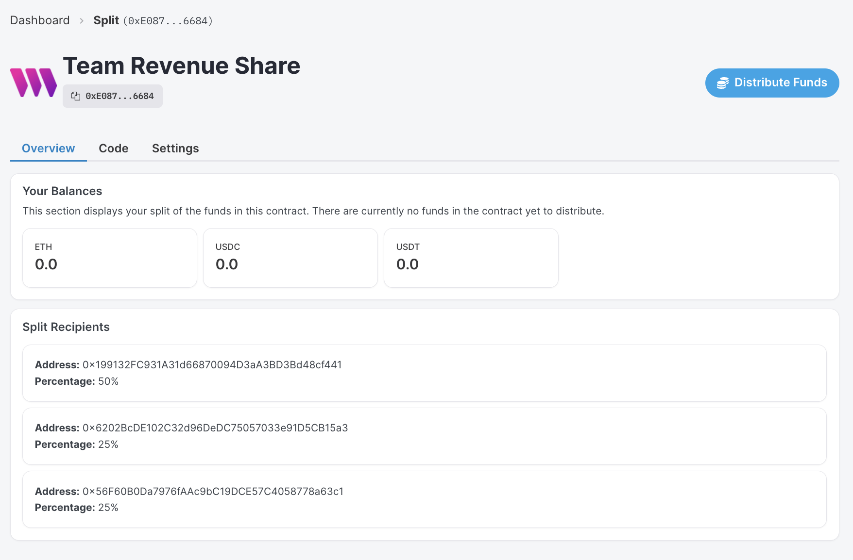 Deployed Split contract on dashboard