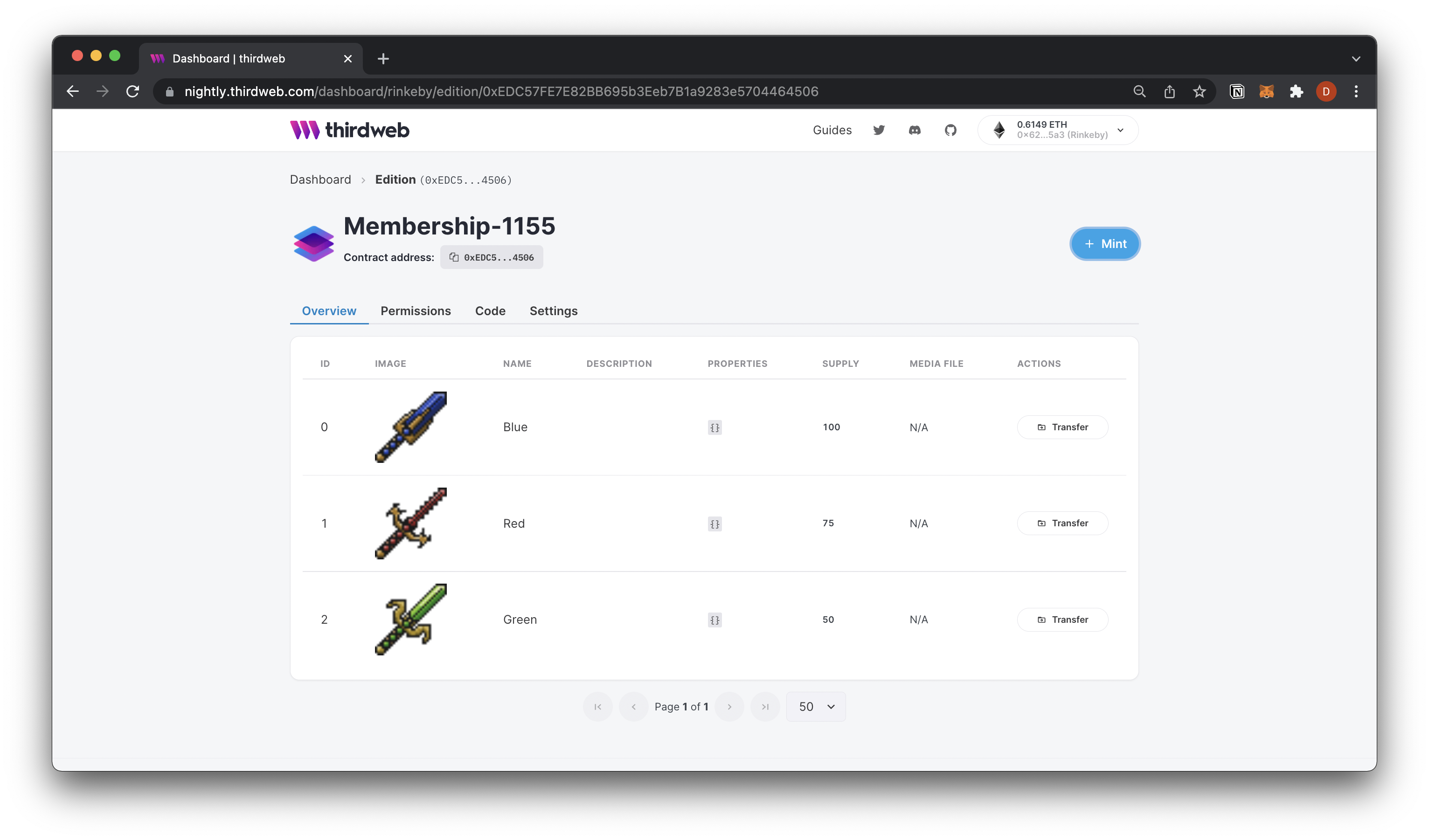 thirdweb collection dashboard with 3 tiers of membership NFTs. (blue, red, green).