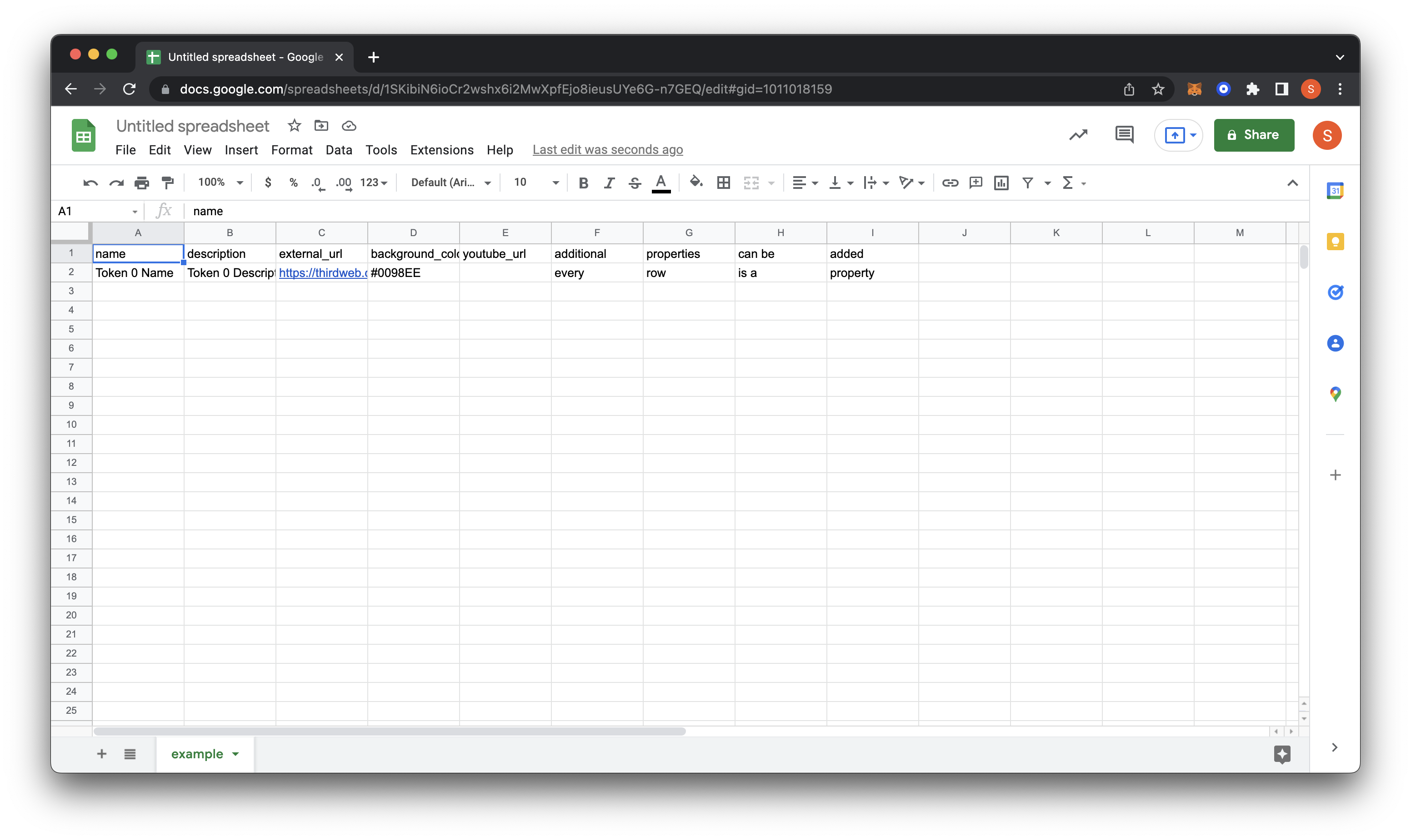 Sample CSV file from download opened in Google Sheets