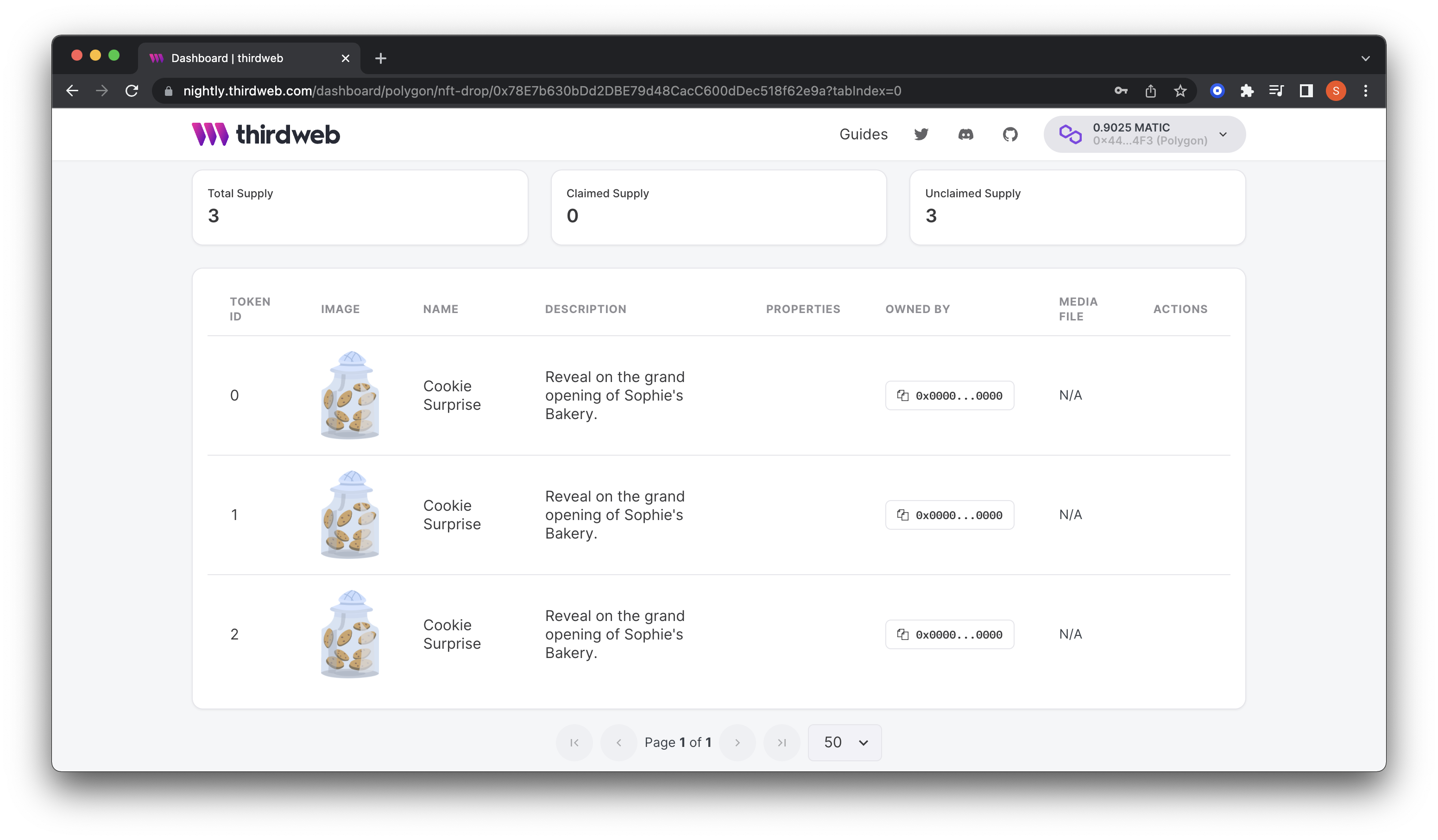 Dashboard shows unrevealed NFTs